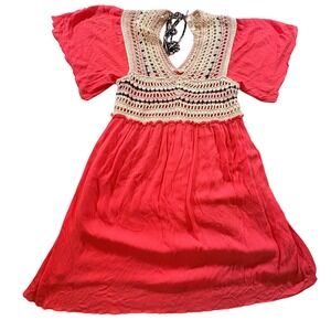 Easel Los Angeles Boho Crochet Mini Dress Coral Red Smocked Back Womens Medium